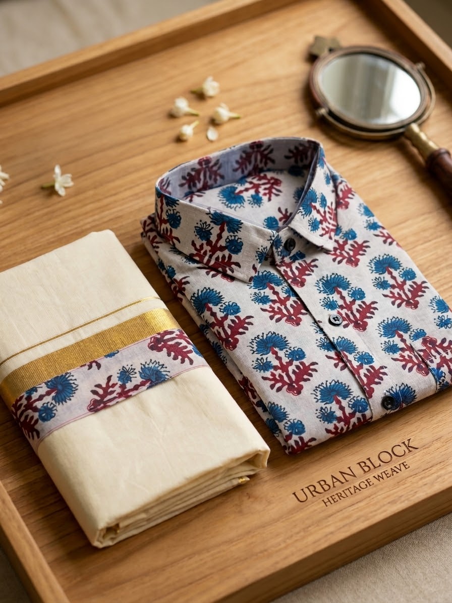 Men's Hand-Block Printed Shirt & Matching Kasavu Mundu Set /Size -XL
