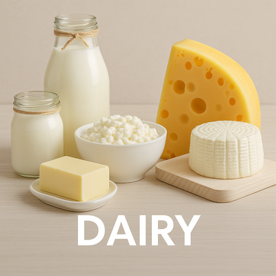 Assorted dairy products including milk bottles, butter, cheese, and yogurt arranged neatly on a light wooden surface with the word ‘DAIRY’ displayed below.