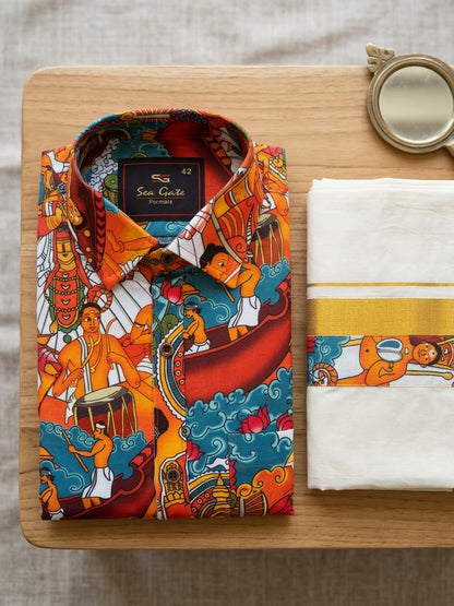 The Heritage Mural Shirt & Matching Kasavu Set / Size 42
