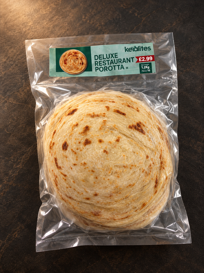 Deluxe Restaurant Porotta — golden, flaky, layered perfection. 10 pieces | 1.2 kg | £2.99.”