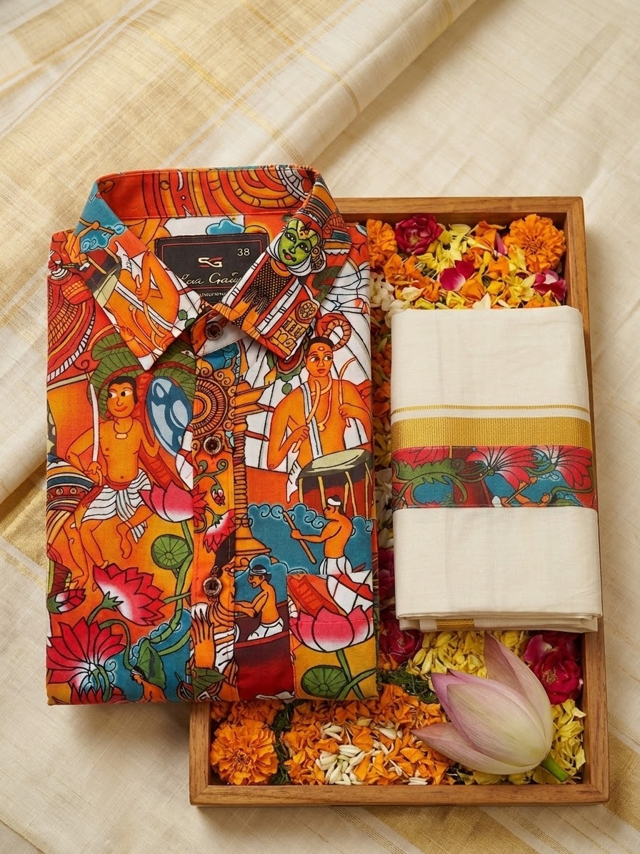 Mural Art Printed Shirt & Kasavu Mundu Set – Onam Edition Size 38