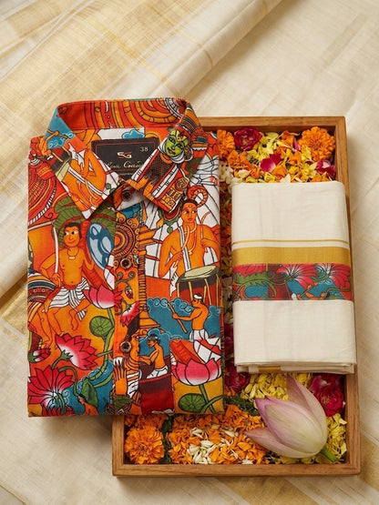 Mural Art Printed Shirt & Kasavu Mundu Set – Onam Edition Size 38