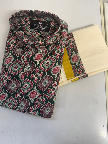 Men's Premium Ethnic Printed Shirt & Matching Kasavu Mundu Set / Size XL