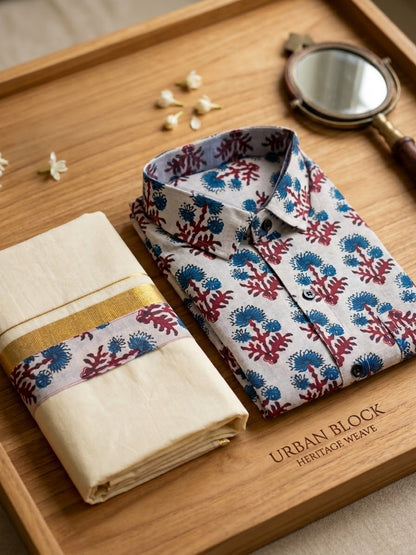 Men's Hand-Block Printed Shirt & Matching Kasavu Mundu Set /Size -XL