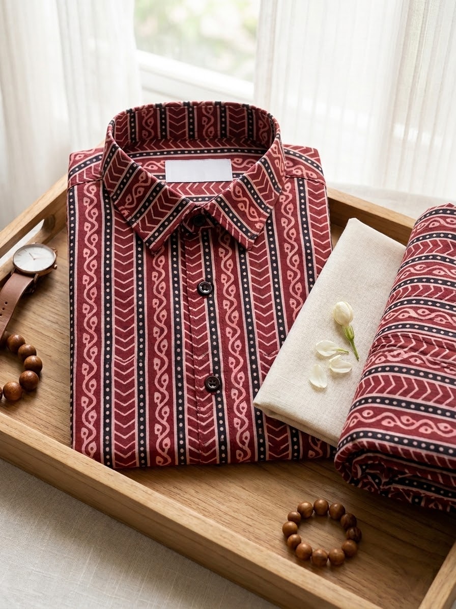 Men’s Geometric Ethnic Printed Shirt & Kasavu Set / Size XL