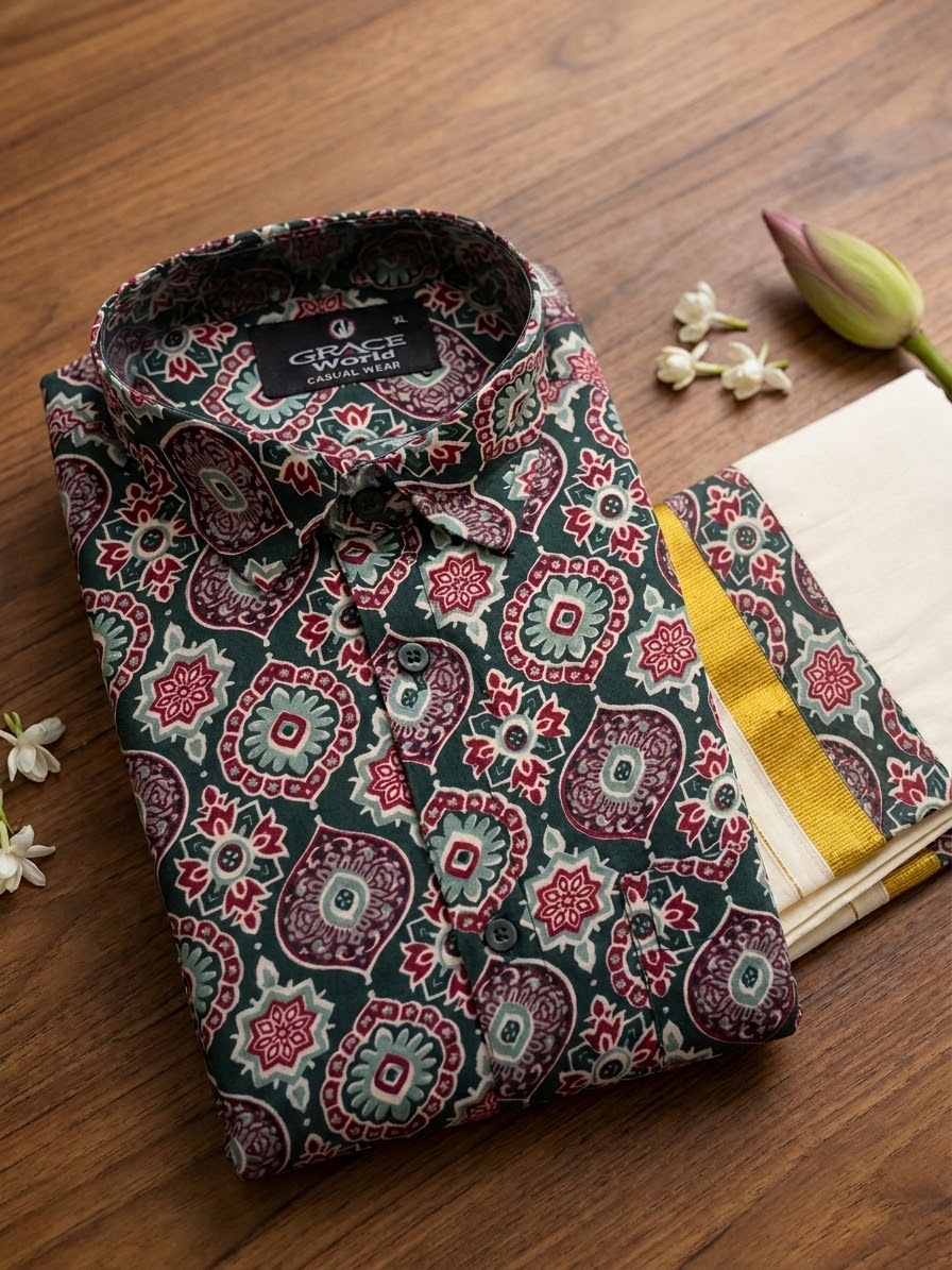 Men's Premium Ethnic Printed Shirt & Matching Kasavu Mundu Set / Size XL