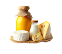 Assorted dairy products including milk bottles, butter, cheese, and yogurt arranged neatly on a light wooden surface with the word ‘DAIRY’ displayed below.